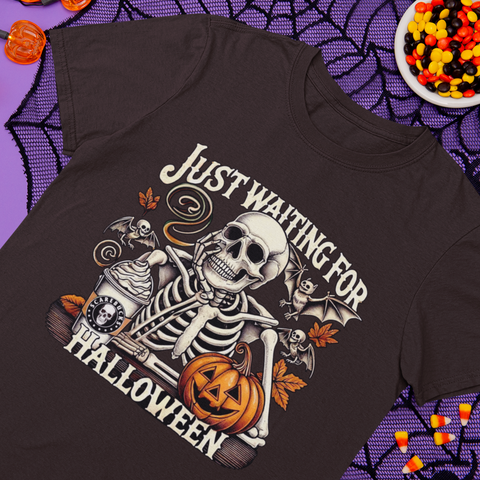 Just Waiting for Halloween T-Shirt | Funny Skeleton Pumpkin Tee