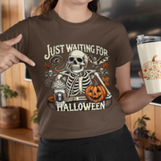 Just Waiting for Halloween T-Shirt | Funny Skeleton Pumpkin Tee