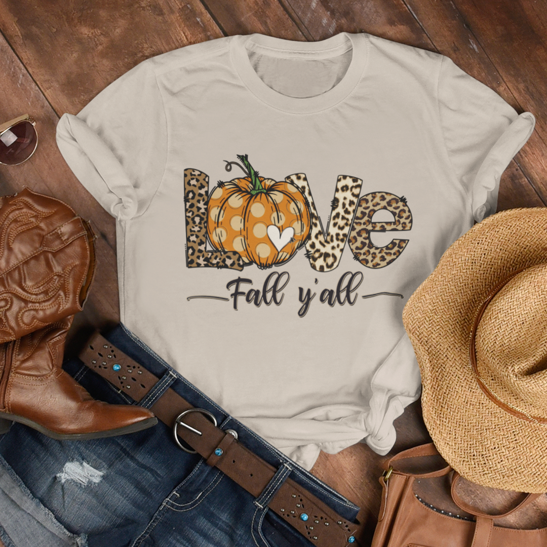 Love Fall Y’all T-Shirt - Fall Pumpkin &amp; Leopard Print Tee