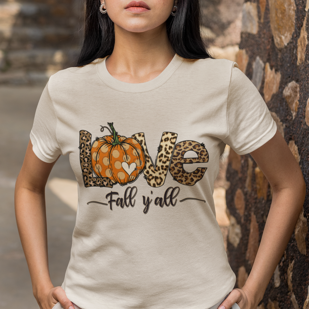 Love Fall Y’all T-Shirt - Fall Pumpkin &amp; Leopard Print Tee