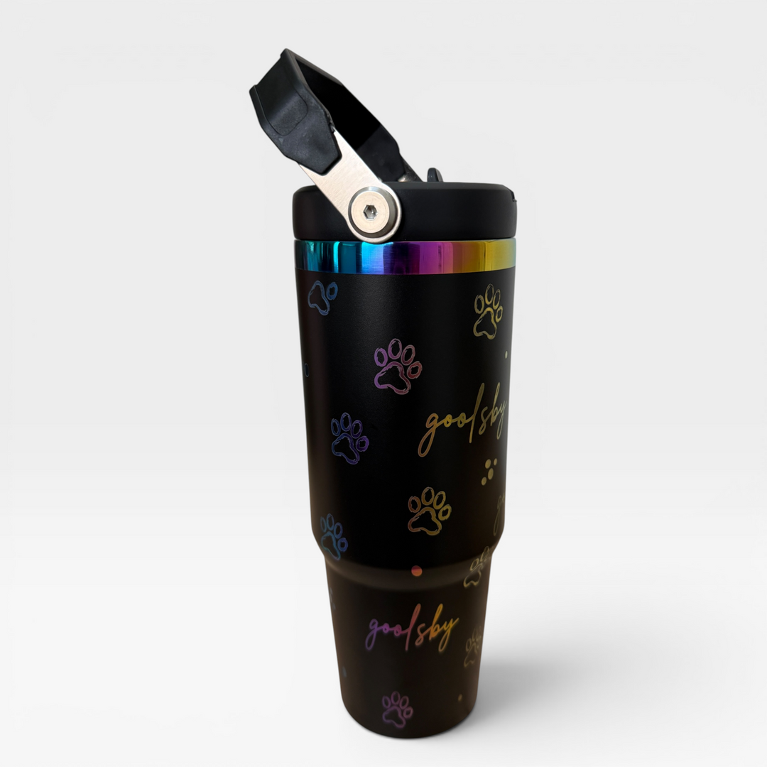 🐾 Personalized Goolsby Greyhounds 30 oz Water Bottle with Handle | Rainbow Engraved Stainless Steel