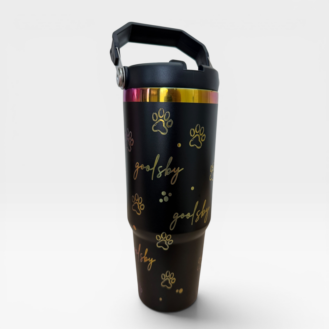 🐾 Personalized Goolsby Greyhounds 30 oz Water Bottle with Handle | Rainbow Engraved Stainless Steel
