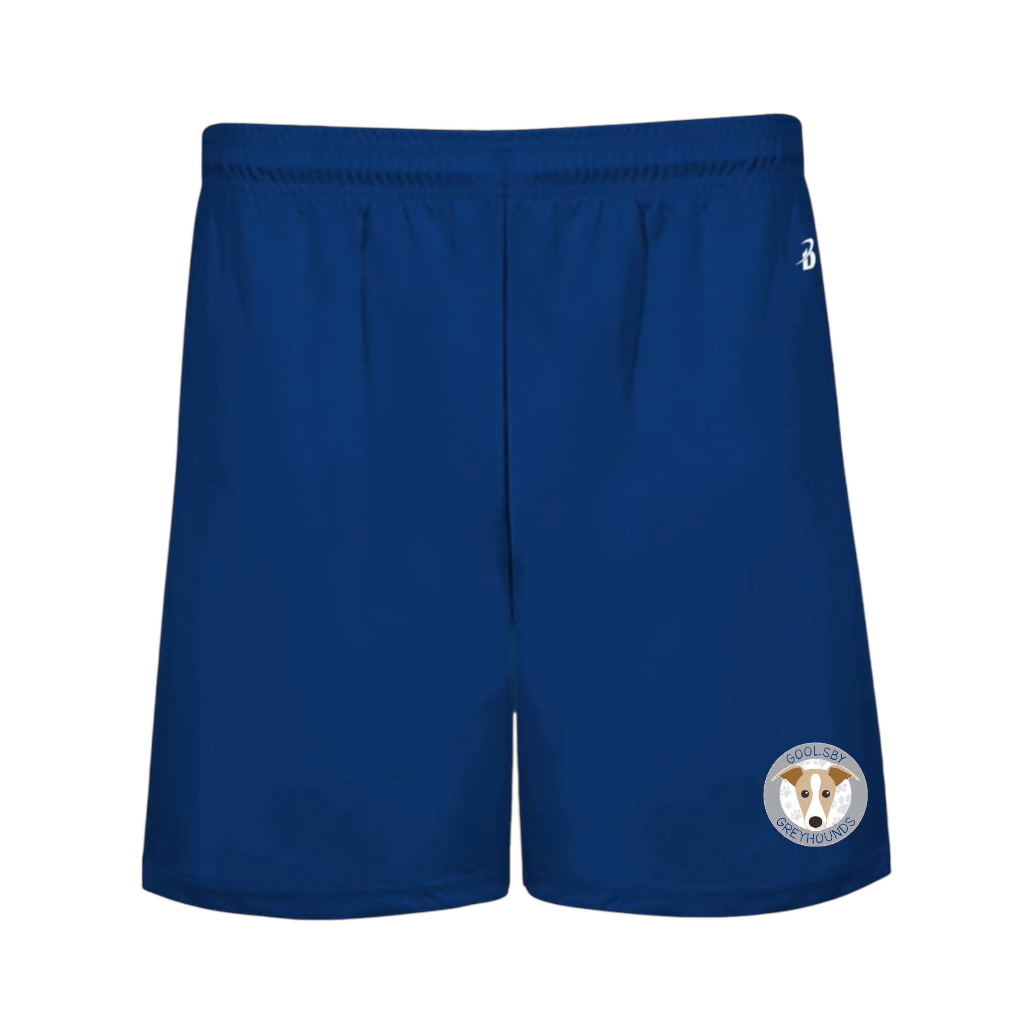 Goolsby Elementary royal blue boys shorts front view with logo of Greyhound mascot on front, bottom of left leg