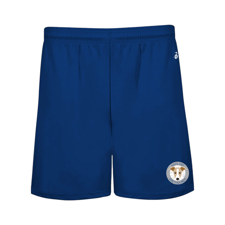 Goolsby Elementary royal blue boys shorts front view with logo of Greyhound mascot on front, bottom of left leg