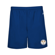 Goolsby Elementary royal blue boys shorts front view with logo of Greyhound mascot on front, bottom of left leg