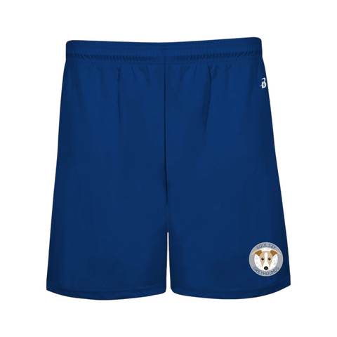 Goolsby Elementary royal blue boys shorts front view with logo of Greyhound mascot on front, bottom of left leg