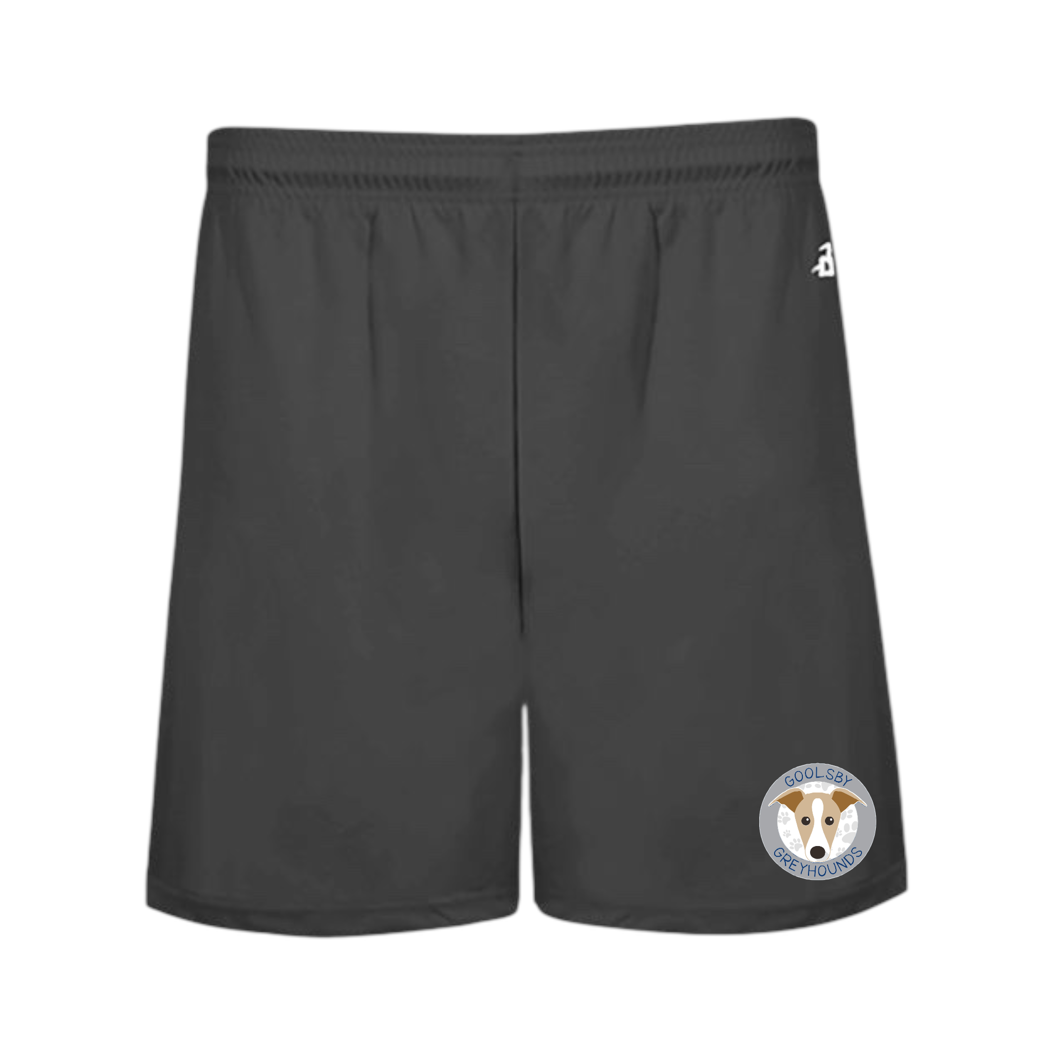 Goolsby Elementary dark grey boys shorts front view with logo of Greyhound mascot on front, bottom of left leg