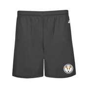 Goolsby Elementary dark grey boys shorts front view with logo of Greyhound mascot on front, bottom of left leg