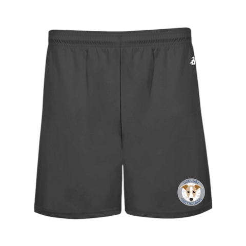 Goolsby Elementary dark grey boys shorts front view with logo of Greyhound mascot on front, bottom of left leg