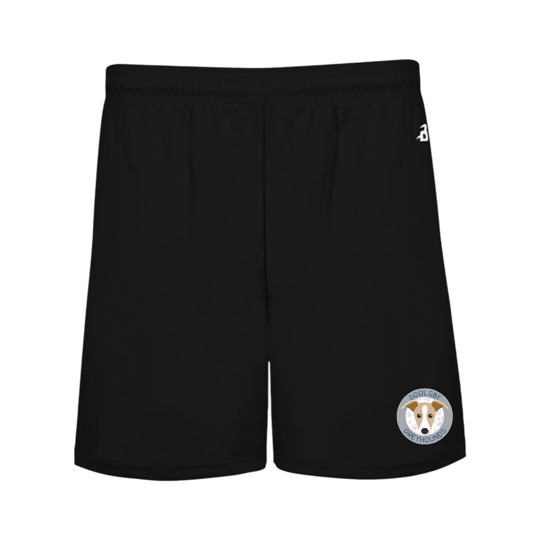 Goolsby Elementary black boys shorts front view with logo of Greyhound mascot on front, bottom of left leg