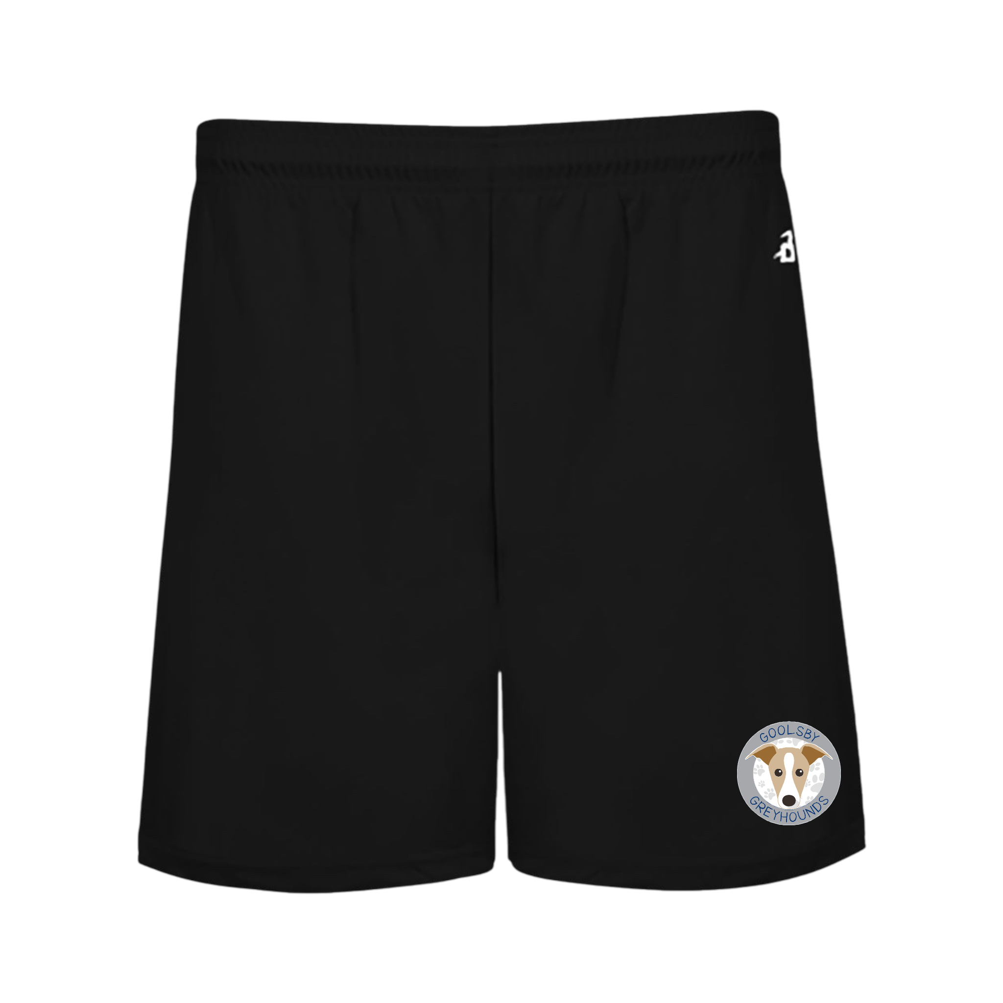 Goolsby Elementary black boys shorts front view with logo of Greyhound mascot on front, bottom of left leg