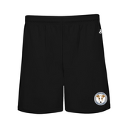 Goolsby Elementary black boys shorts front view with logo of Greyhound mascot on front, bottom of left leg