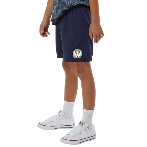 Goolsby Elementary navy blue boys shorts side view with logo of Greyhound mascot on front