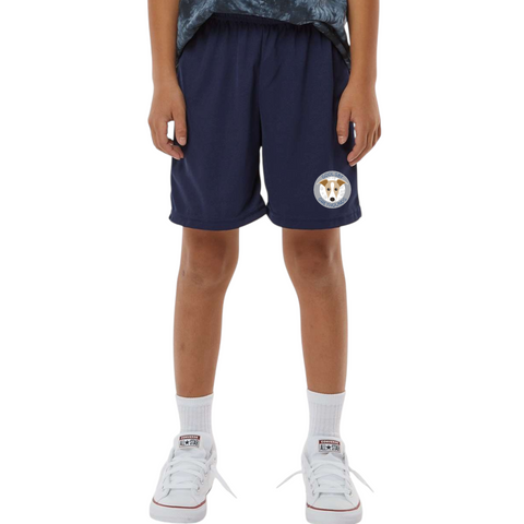 Goolsby Elementary navy blue boys shorts front view with logo of Greyhound mascot on front