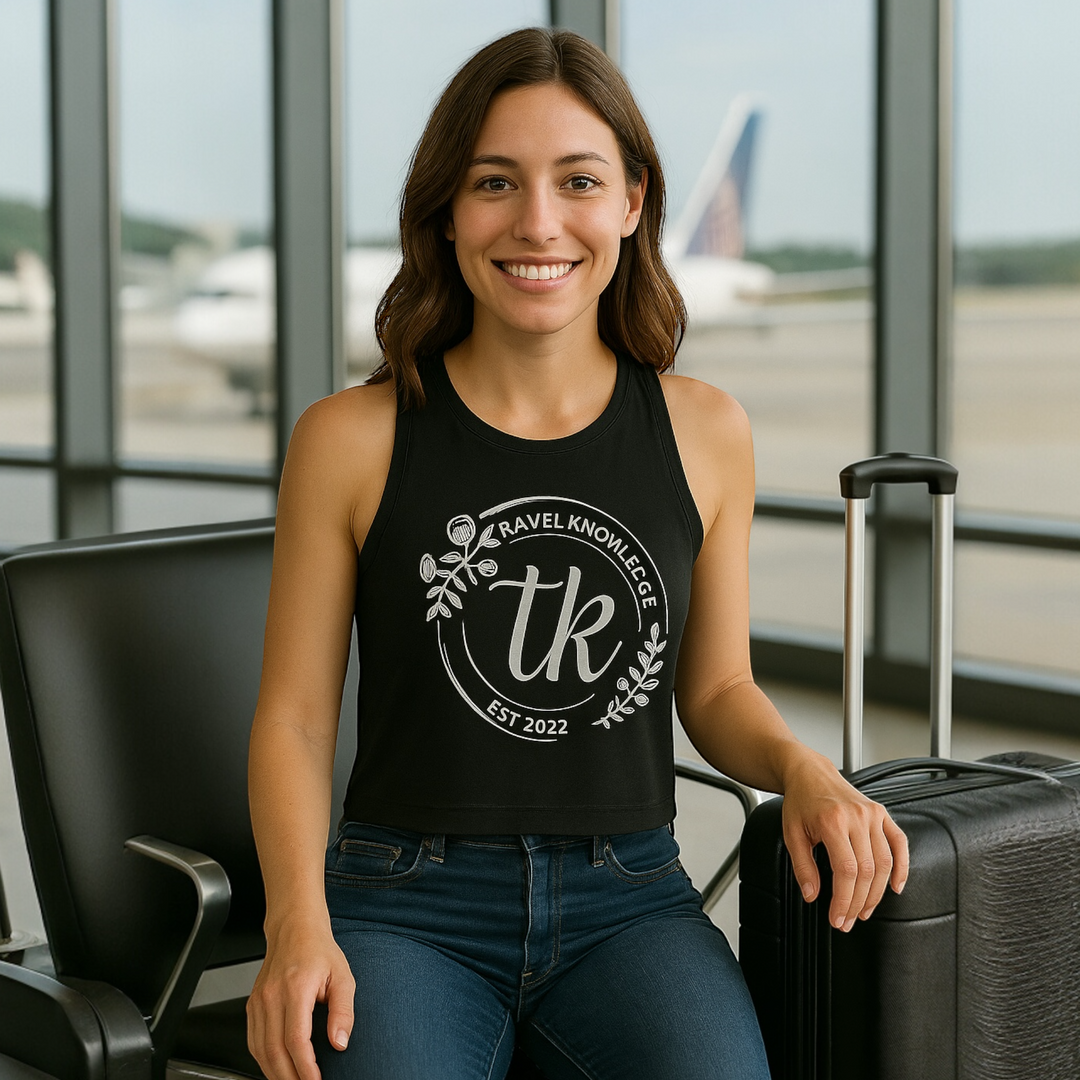 Travel Knowledge Cropped Racerback Tank – Lightweight Black Crop Top