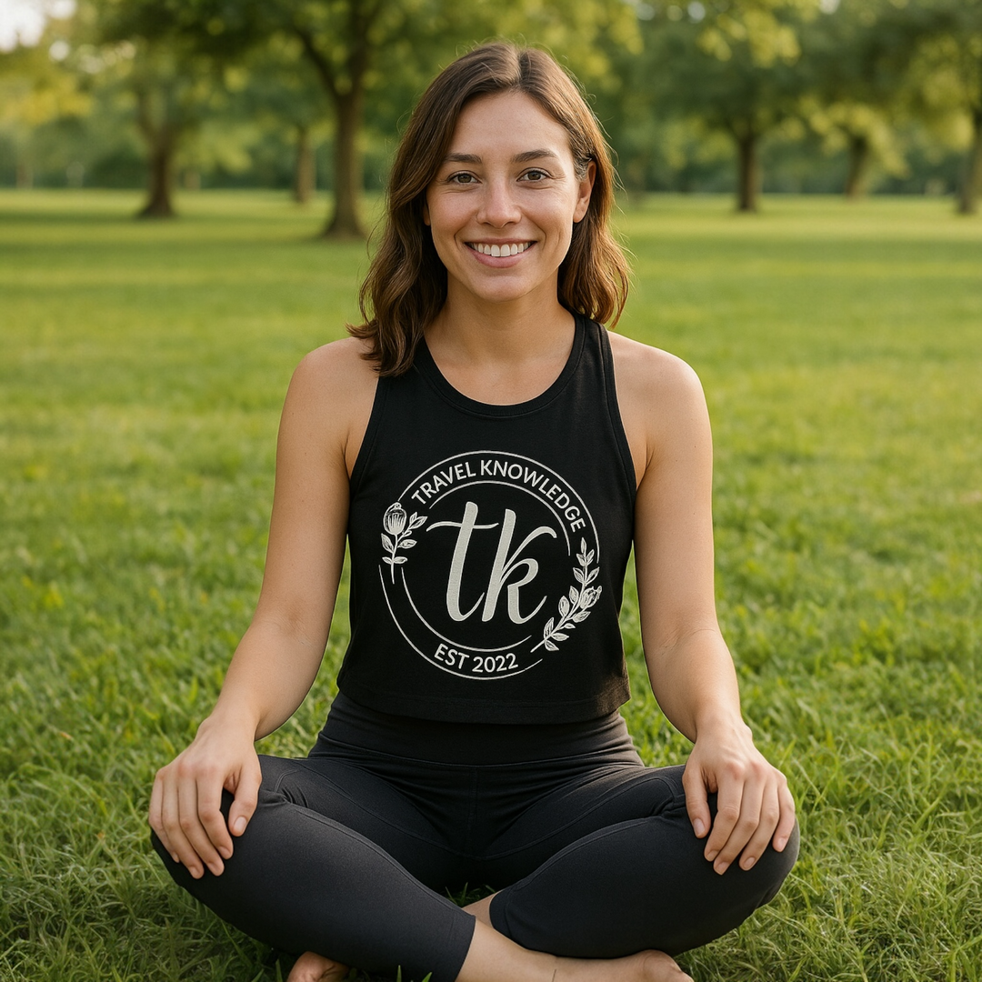 Travel Knowledge Cropped Racerback Tank – Lightweight Black Crop Top