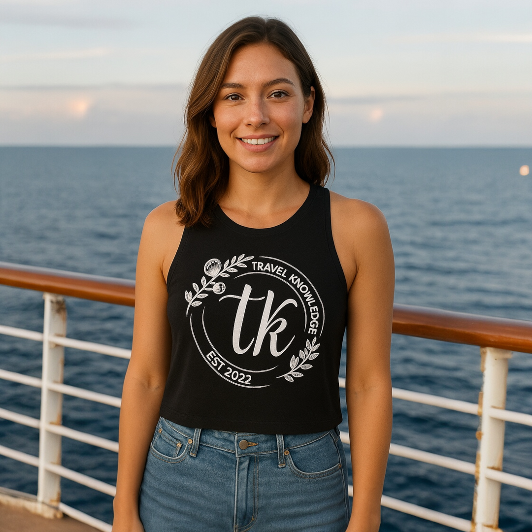 Travel Knowledge Cropped Racerback Tank – Lightweight Black Crop Top