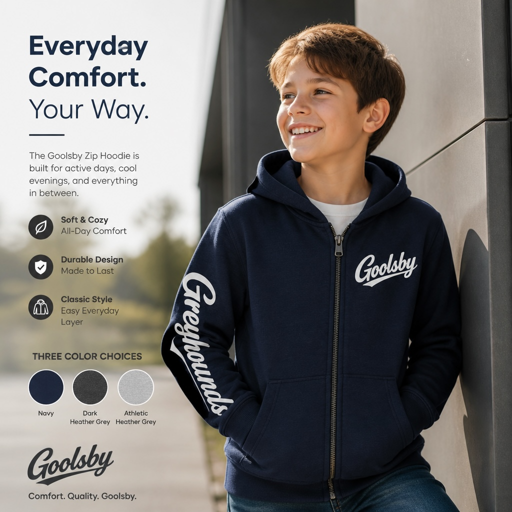 Goolsby Greyhounds Sleeved Youth Full Zip Hoodie | School Spirit Sweatshirt