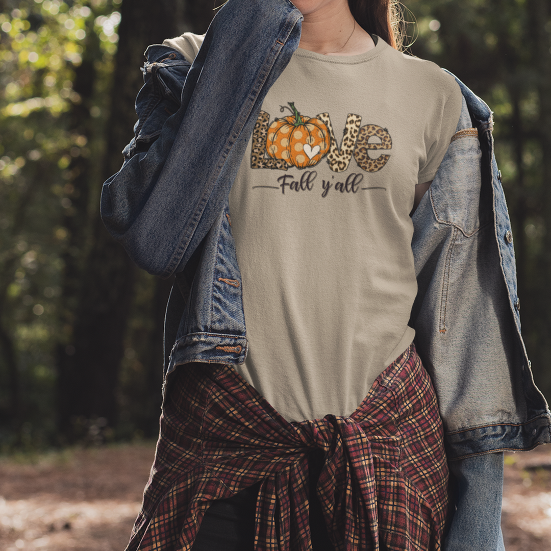 Love Fall Y’all T-Shirt - Fall Pumpkin &amp; Leopard Print Tee