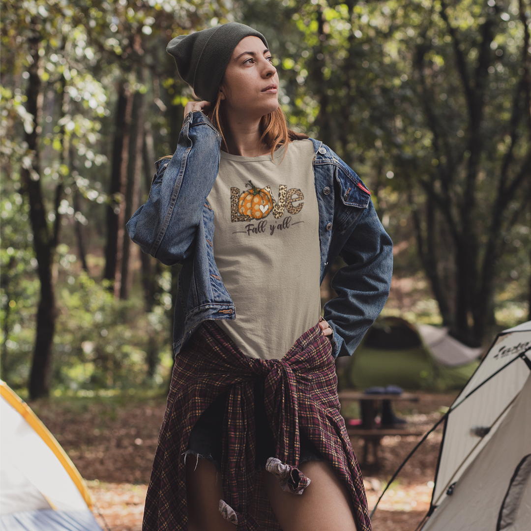 Love Fall Y’all T-Shirt - Fall Pumpkin &amp; Leopard Print Tee