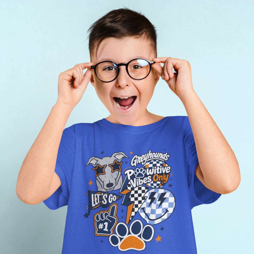 Greyhounds Pawsitive Vibes Only Shirt | Goolsby Elementary Spirit Wear | Retro School Tee | Kids Greyhound T-Shirt | Blue or Pink Spirit Shirt