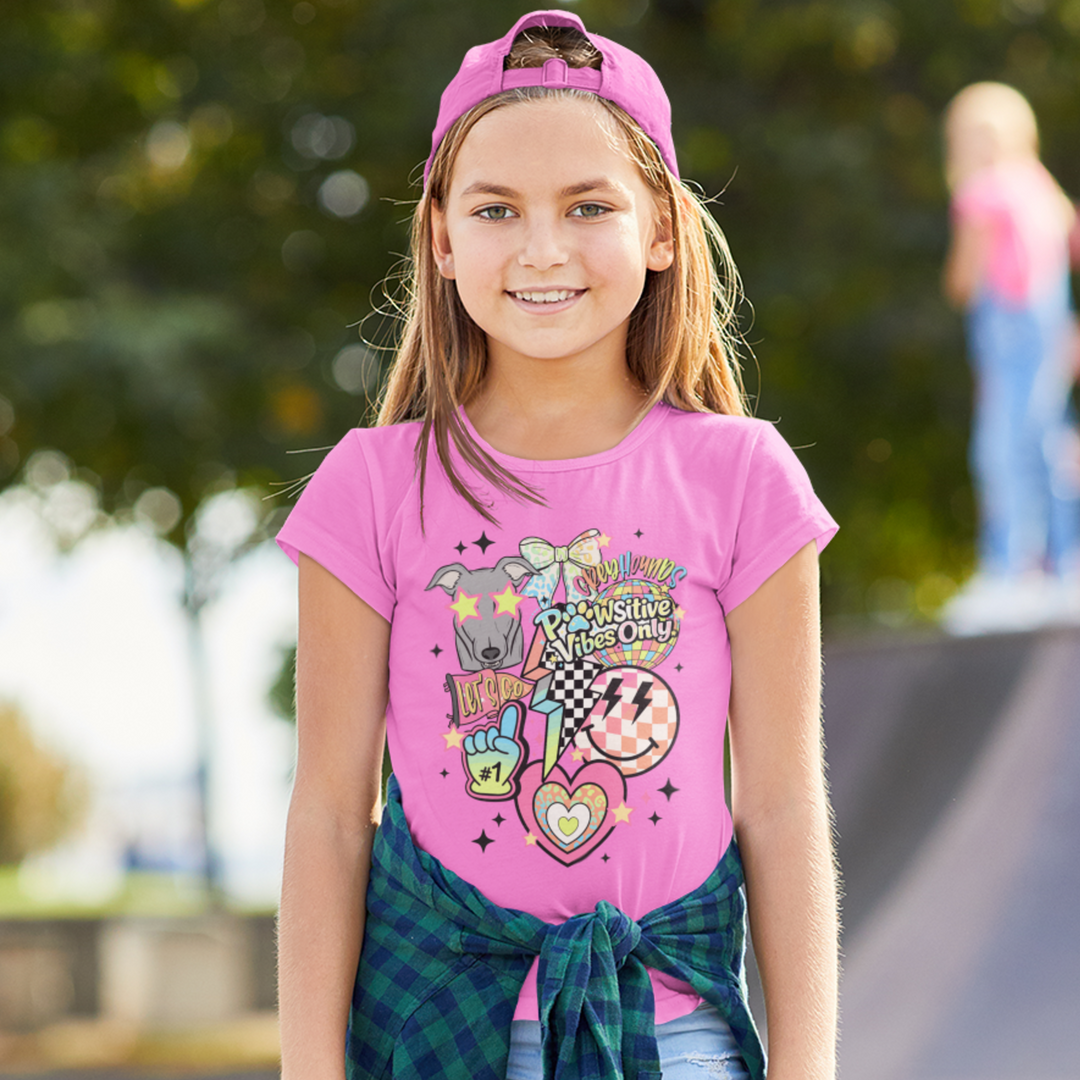 Greyhounds Pawsitive Vibes Only Shirt | Goolsby Elementary Spirit Wear | Retro School Tee | Kids Greyhound T-Shirt | Blue or Pink Spirit Shirt