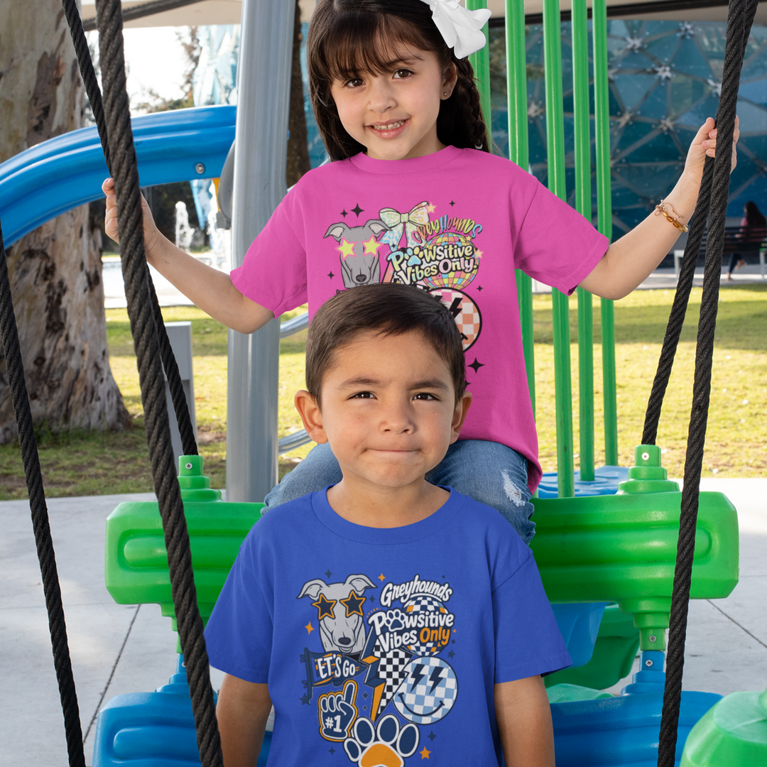 Greyhounds Pawsitive Vibes Only Shirt | Goolsby Elementary Spirit Wear | Retro School Tee | Kids Greyhound T-Shirt | Blue or Pink Spirit Shirt